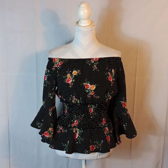 Timing Polka Dot Floral Off The Shoulder Top - Picture 1 of 7